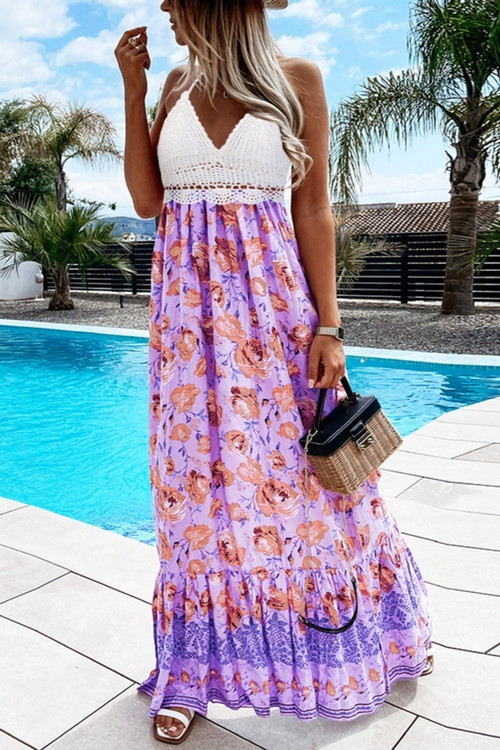 Summer New 2 Colors Crochet Floral Printing Patchwork Mirco-Elastic Halter-Neck Lace Up Swing Stylish Holiday Spaghettti String Maxi Dress - Vougese