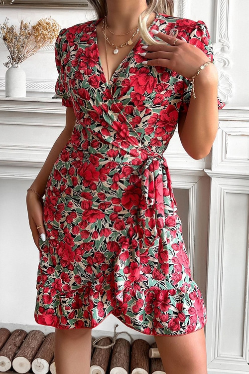 Summer New 2 Colors Floarl Batch Printing Inelastic V Neck Crossed Design Nipped Waist Ruffle Irregualr Stylish Retro Mini Dress(With Belt) - Vougese