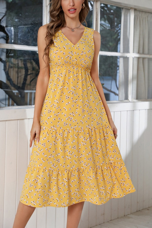Summer New 2 Colors Floral Batch Printing Chiffon Micro-Elastic V Neck Ruffle Shirring Swing Stylish Holiday Midi Dress - Vougese