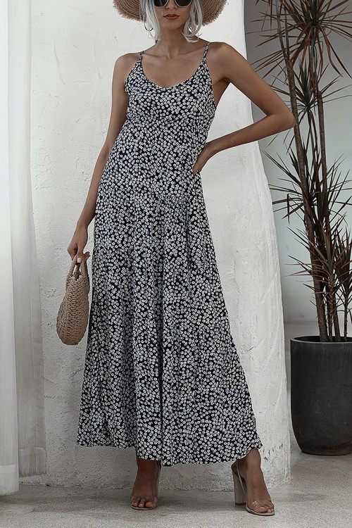 Summer New 2 Colors Floral Batch Printing Inelastic V-Neck Stylish Holiday Spaghetti String Maxi Dress - Vougese