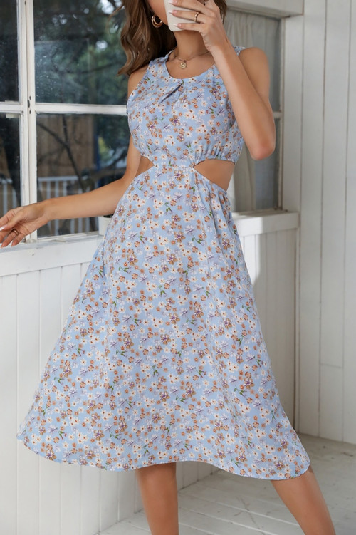 Summer New 3 Colors Chiffon Floral Batch Printing Micro-Elastic Strappy Hollow Shirring Swing Stylish Bohemian Midi Dress - Vougese
