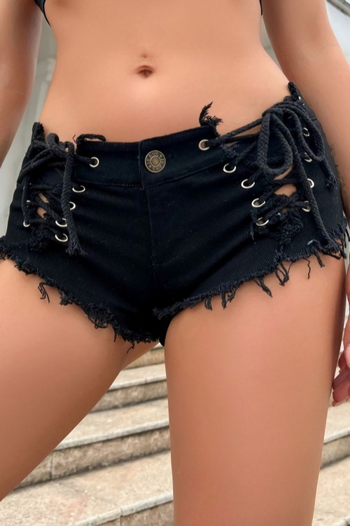Summer New 3 Colors Eyelet Lace-Up Button Stretch Skinny Raw Edge Hot Shorts Jeans - Vougese