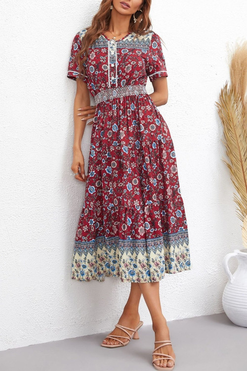Summer New 3 Colors Flower Batch Printing Single-Breasted Inelastic Short Sleeves Casual Midi Dress - Vougese