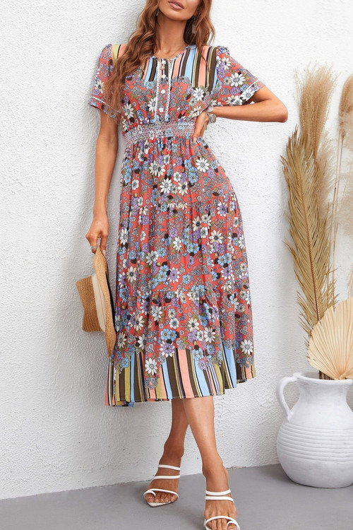 Summer New 3 Colors Flower Printing Inelastic Short Sleeves Single-Breasted Casual Midi Dress - Vougese