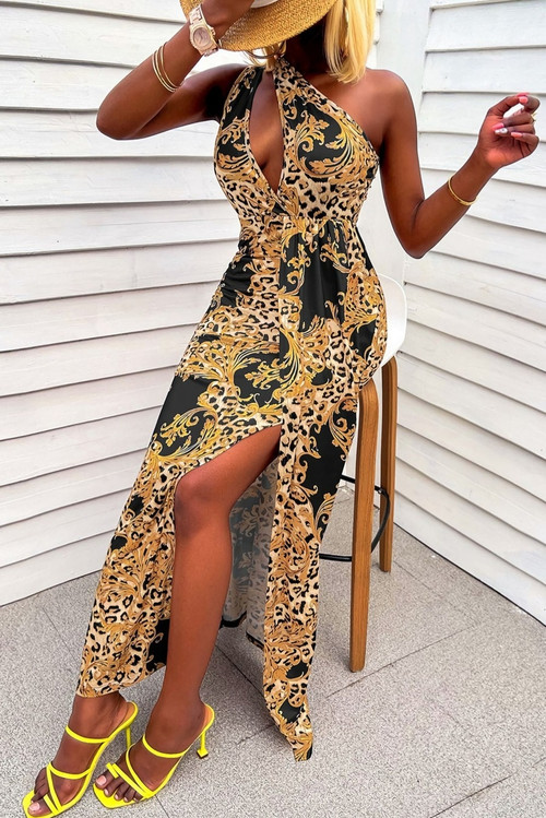 Summer New 3 Colors One Shoulder Cutout Floral Batch Printing Slit Casual Micro-Elastic Maxi Dress - Vougese