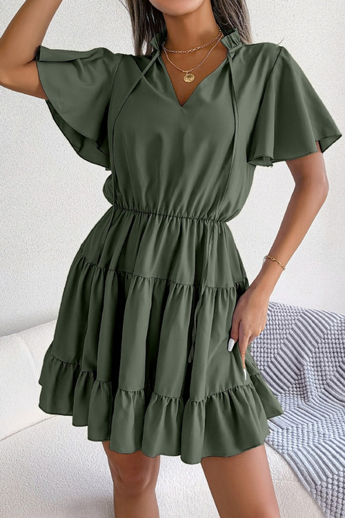 Summer New 3 Colors Solid Color Micro Elastic Ruffle Short Sleeves Lace-Up V-Neck Casual Mini Dress - Vougese