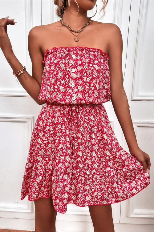 Summer New 4 Colors Allover Floral Printing Micro-Elastic Tube Design Tie-Waist Stylish Vacation Style Mini Dress - Vougese