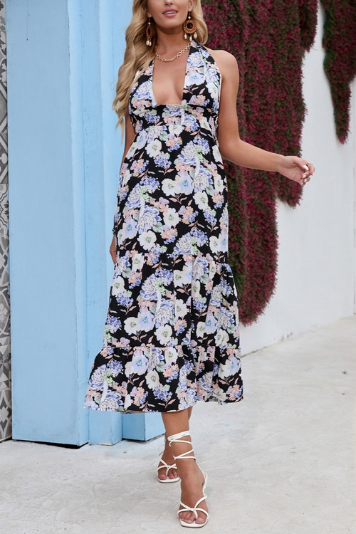 Summer New 4 Colors Chiffon Floral Batch Printing Micro-Elastic Deep-V-Neck Smocked Ruffle Backless Swing Stylish Bohemian Midi Dress - Vougese