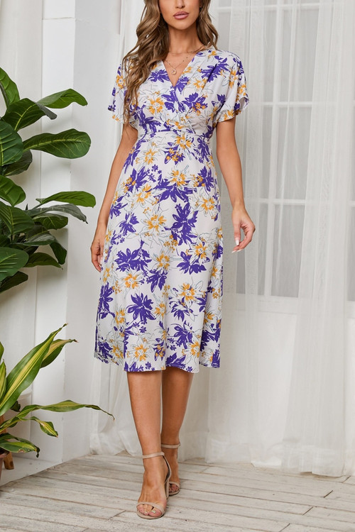 Summer New 4 Colors Chiffon Floral Batch Printing Micro-Elastic V Neck Nipped Waist Smocked Swing Stylish Holiday Midi Dress - Vougese