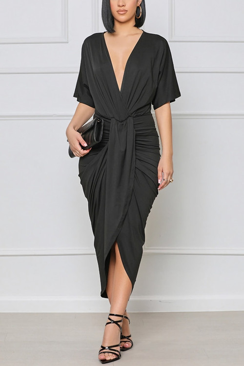Summer New 4 Colors Solid Color Stretch V-Neck Shirring Split Casual Midi Dress Casual Dresses - Vougese