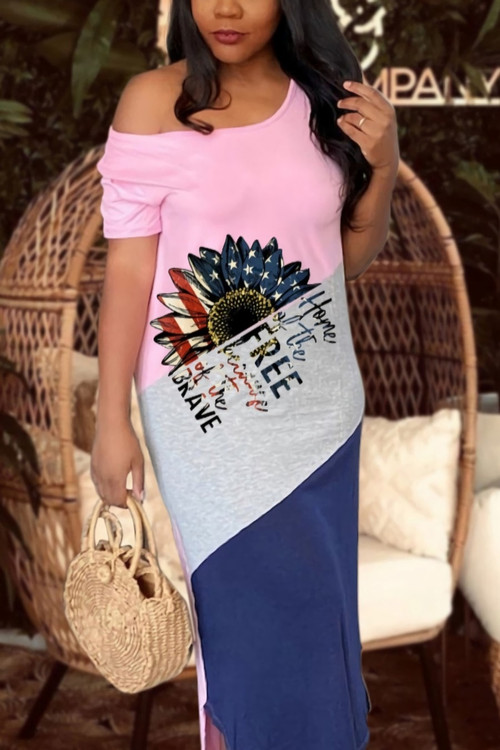Summer New American Flag Two Colors Stretch Letter Fixed Printing Contrast Color Patchwork Crew Neck Split Irregular Casual Midi Dress - Vougese