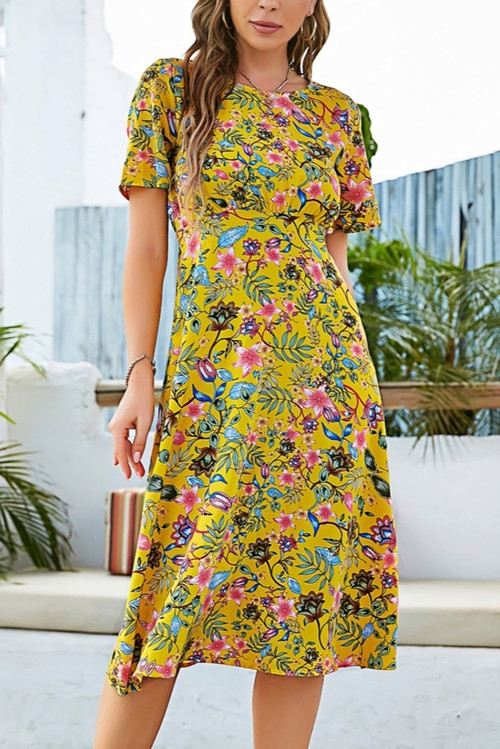 Summer New Chiffon Floral Batch Printing Micro-Elastic Crew Neck Hollow Lace Up Botton Shirring Swing Stylish Retro Midi Dress - Vougese