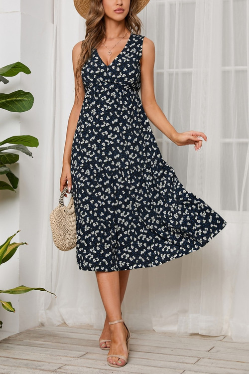 Summer New Chiffon Floral Batch Printing Micro-Elastic V-Neck Strappy Ruffle Swing Stylish Holiday Midi Dress - Vougese