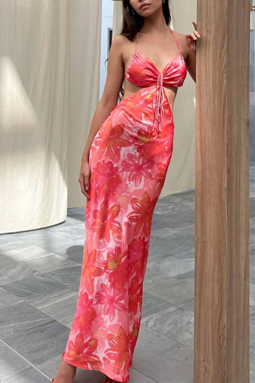 Summer New Fashion Flower Batch Printing Cutout Halter-Neck Lace-Up Backless Stretch Resort Maxi Dress - Vougese