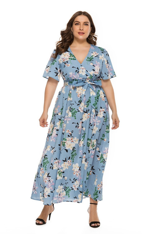 Summer New Fashion Plus Size Bohemian Style Slit Dress (With Belt) - Vougese