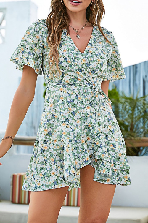 Summer New Floral Batch Printing Chiffon Inelastic V-Neck Tie-Waist Ruffle Irregular Slim Stylish Holiday Mini Dress - Vougese