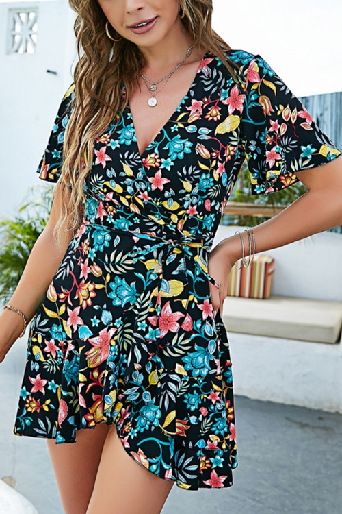 Summer New Floral Batch Printing Chiffon Inelastic V-Neck Tie-Waist Ruffled Irregular Stylish Retro Mini Dress - Vougese