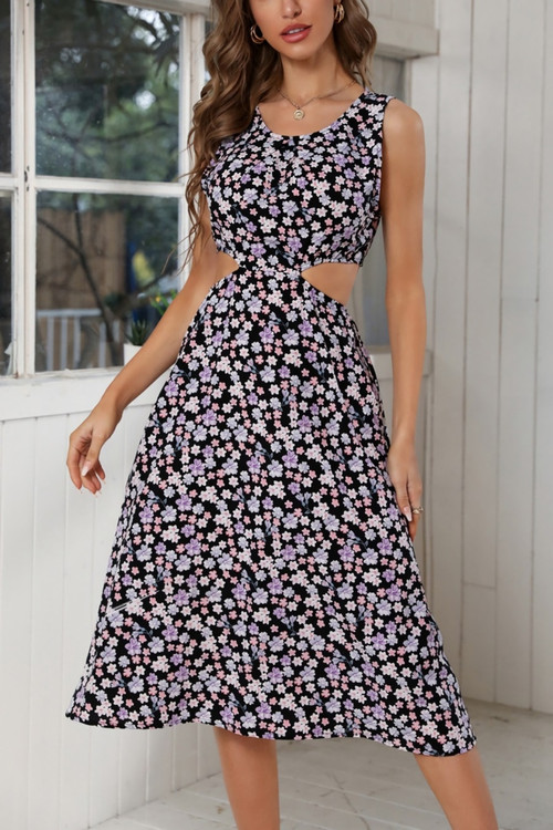 Summer New Floral Batch Printing Chiffon Micro-Elastic Hollow Strappy Swing Stylish Holiday Midi Dress - Vougese