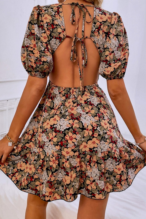 Summer New Floral Batch Printing Inelastic Backless Lace-Up V-Neck Sexy Vacation Mini Dress - Vougese