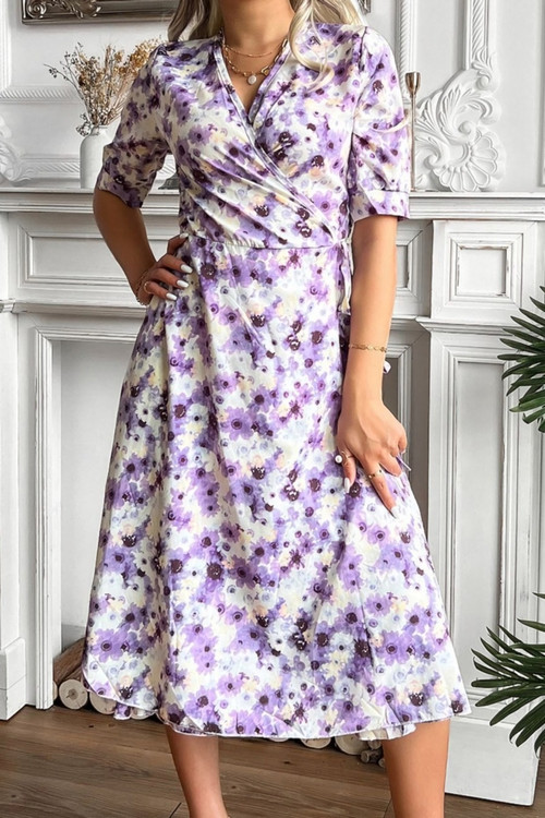 Summer New Floral Batch Printing Inelastic V Neck Nipped Waist Stylish Pretty Midi Dress(With Belt) - Vougese