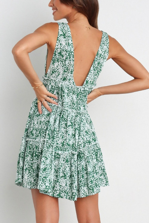 Summer New Floral Batch Printing Micro-Elastic V-Neck Backless Stylish Sexy Vacation Style Mini Dress - Vougese