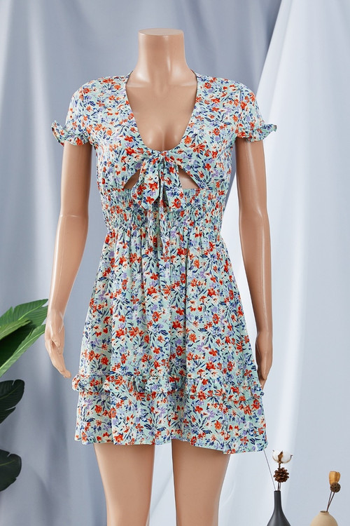 Summer New Floral Printing Inelastic V-Neck Bowknot Frill Trim Sexy Sweet Mini Dress 1# - Vougese