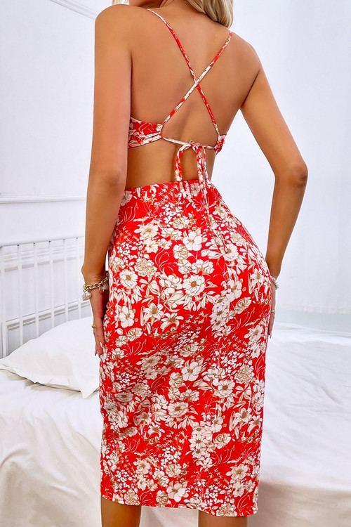 Summer New Flower Batch Printing Inelastic Backless Sling Sexy Midi Dress - Vougese