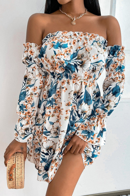 Summer New Flower Batch Printing Long Sleeve Off The Shoulder Chiffon Mini Dress - Vougese