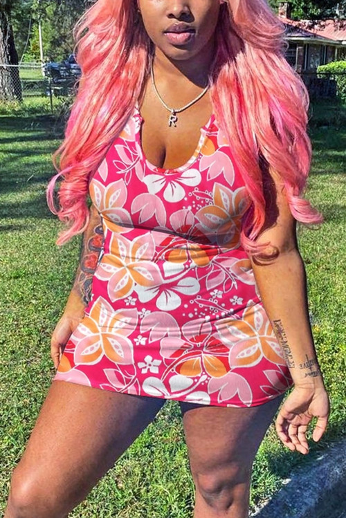 Summer New Flower Batch Printing Stretch Sexy Bodycon Mini Dress - Vougese