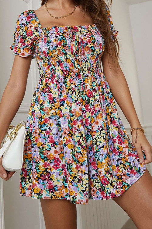 Summer New Holiday Style Chiffon Floral Batch Printing Puff Sleeves Backless Stretch Sexy Mini Dress - Vougese