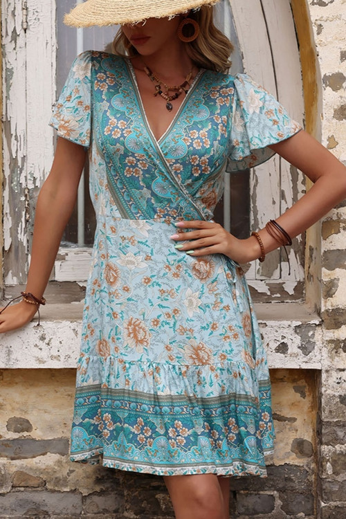 Summer New Inelastic Flower Printing V-Neck Short Sleeves Casual Mini Dress - Vougese