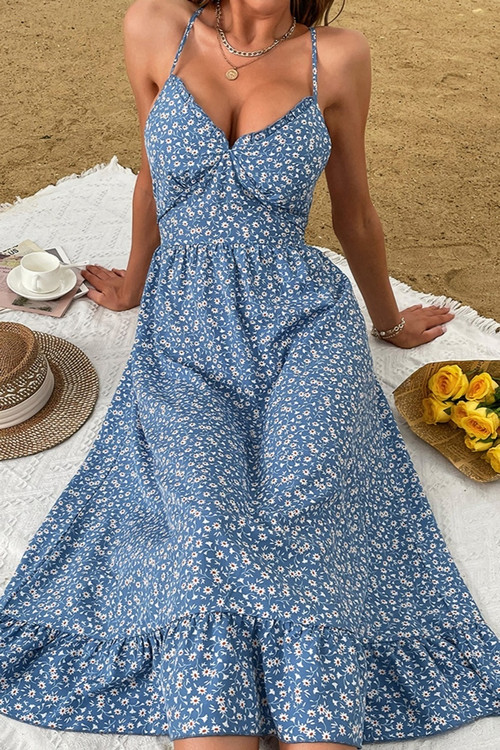 Summer New Micro Elastic Floral Batch Printing Sling Backless Lace-Up Low-Cut Sexy Midi Dress - Vougese
