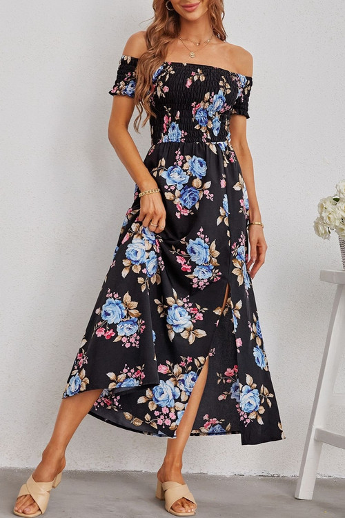 Summer New Off The Shoulder Flower Batch Printing Stretch Slit Midi Dress #1# - Vougese
