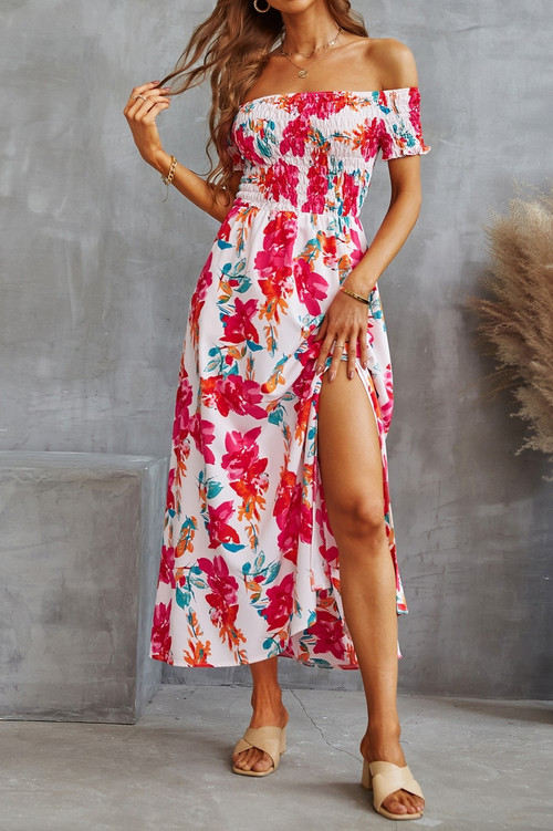 Summer New Off The Shoulder Flower Batch Printing Stretch Slit Midi Dress - Vougese