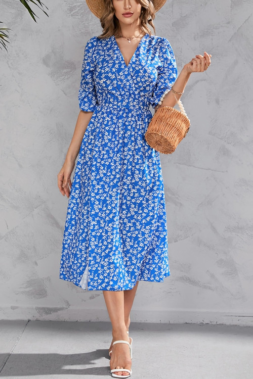 Summer New Plue Size 2 Colors Floral Batch Printing Micro-Elastic V Neck Nipped Waist Shirring Slit Sytlish Casual Midi Dress - Vougese
