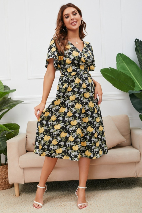 Summer New Plus Size 4 Colors Inelastic Batch Printing Lace-Up V-Neck Backless Stylish Casual Midi Dress - Vougese