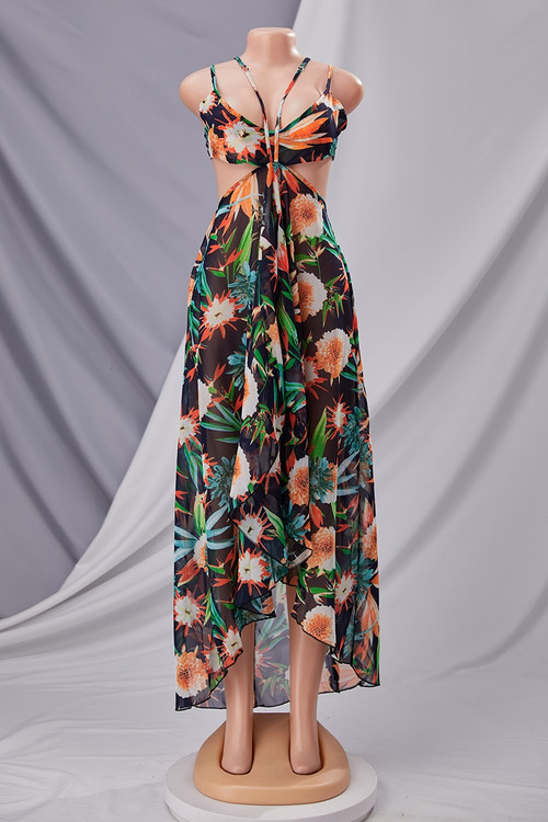 Summer New Plus Size Batch Printing Micro Elastic Sling Hollow Split Irregular Stylish Sexy Maxi Dress - Vougese