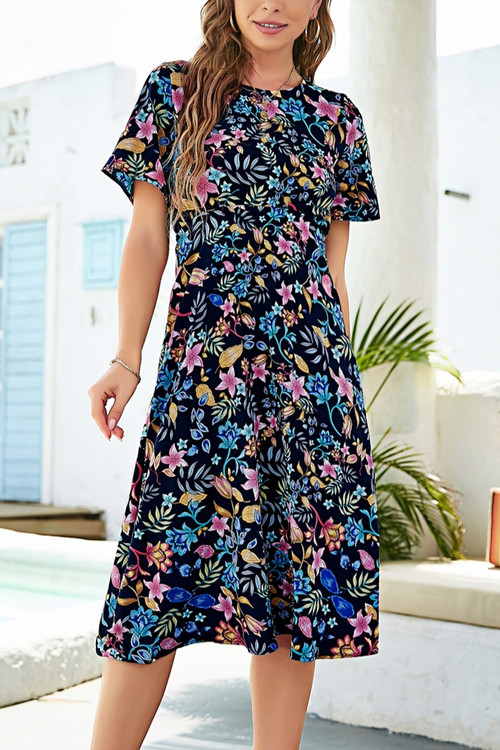 Summer New Plus Size Chiffon Floral Batch Printing Micro-Elastic Crew Neck Short Sleeve Hollow Shirring Swing Stylish Holiday Midi Dress - Vougese