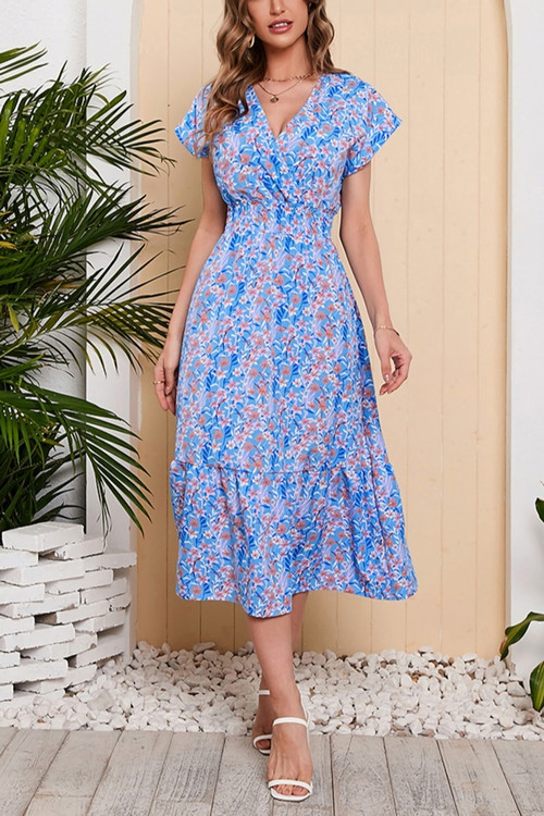 Summer New Plus Size Chiffon Floral & Leaf Batch Printing Micro-Elastic V Neck Nipped Waist Smocked Ruffle Swing Stylish Bohemian Holiday Midi Dress - Vougese