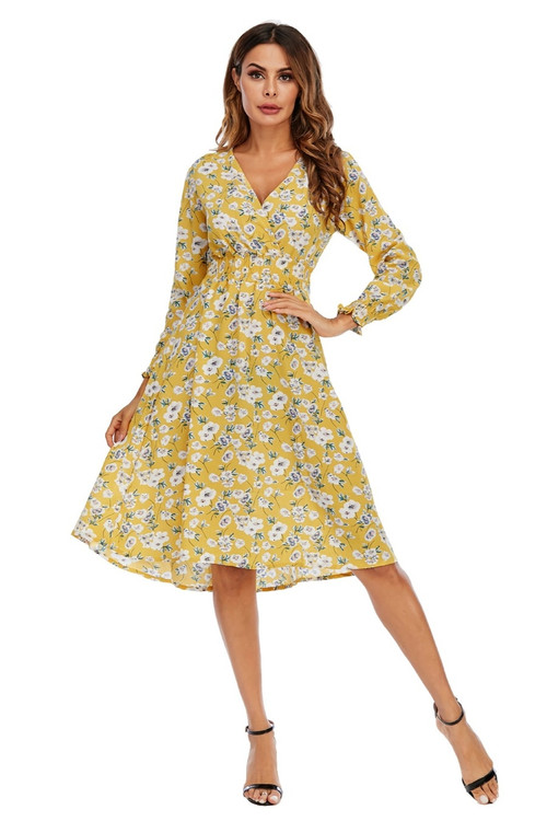 Summer New Plus Size Floral Batch Printing Inelastic Long Sleeves V-Neck Stylish Casual Midi Dress - Vougese