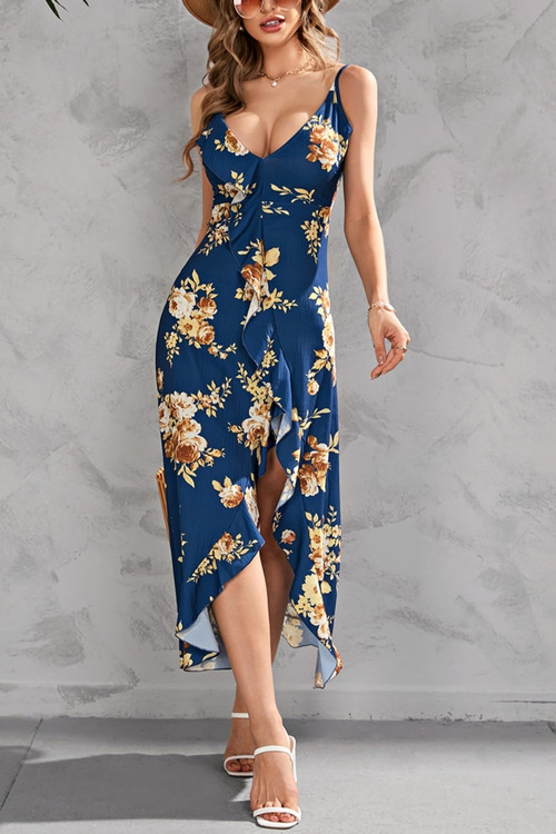Summer New Plus Size Floral Batch Printing Inelastic Ruffle High Slit Lace Up Irregular Stylish Sexy Spaghetti String Midi Dress - Vougese