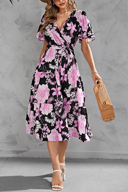 Summer New Plus Size Floral Batch Printing Inelastic V Neck Cross Design Tie-Waist Ruffle Swing Stylish Holiday Midi Dress(With Belt) - Vougese
