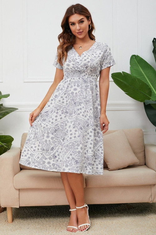 Summer New Plus Size Floral Batch Printing Inelastic V-Neck Short Sleeves Casual Midi Dress - Vougese