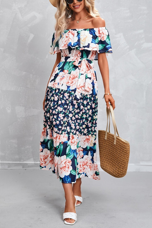 Summer New Plus Size Floral Batch Printing Off Shoulder Ruffle Tie-Waist Shirring Swing Stylish Retro Maxi Dress(With Belt) - Vougese