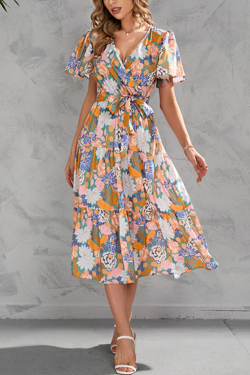 Summer New Plus Size Floral Batch Printing V Neck Ruffle Tie-Waist Swing Stylish Holiday Midi Dress(With Belt) - Vougese