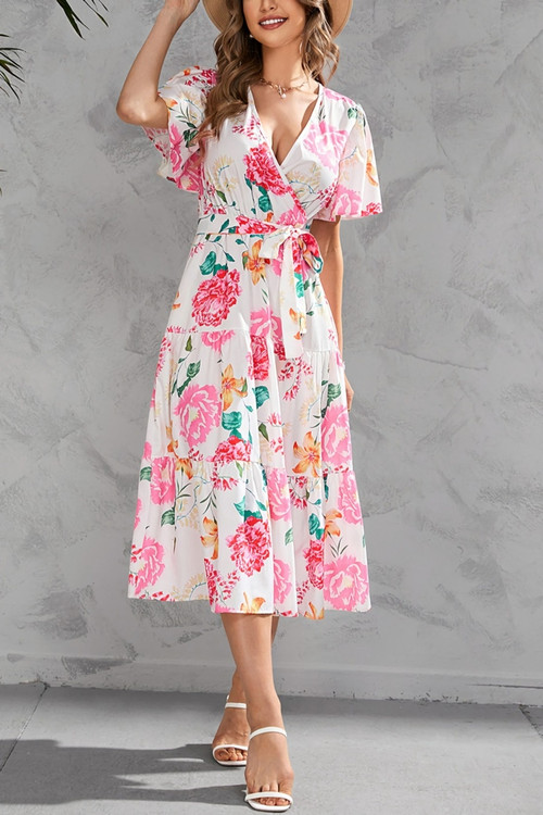 Summer New Plus Size Floral Batch Printing V-Neck Tie-Waist Ruffle Shirring Swing Stylish Retro Midi Dress(With Belt) - Vougese