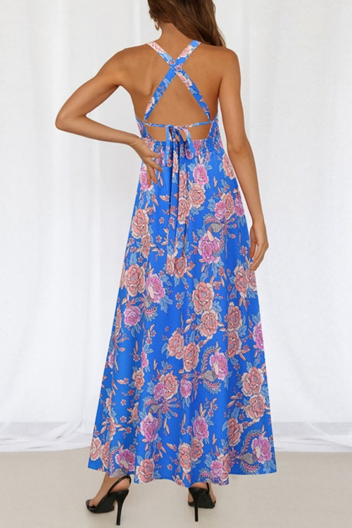 Summer New Plus Size Flower Batch Printing Inelastic Halter Neck Backless Lace-Up Split Fashion Sexy Maxi Dress - Vougese