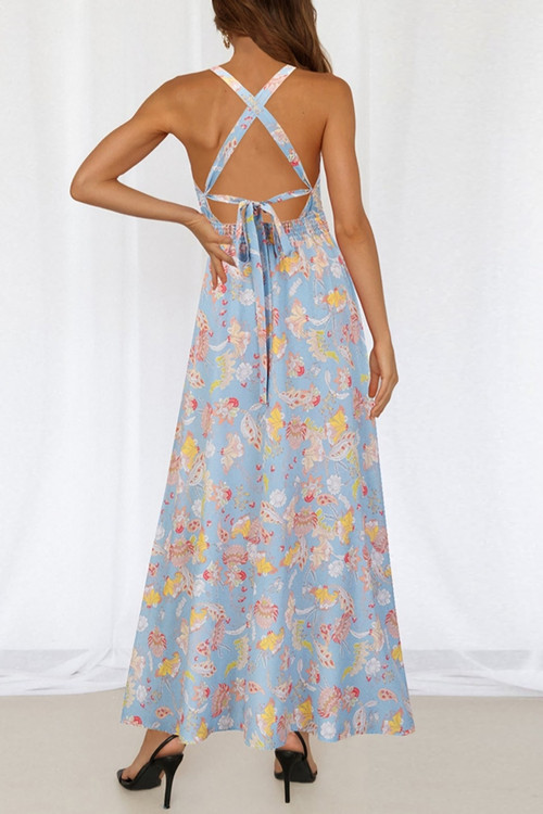 Summer New Plus Size Flower Batch Printing Inelastic Halter Neck Backless Lace-Up Split Stylish Sexy Maxi Dress - Vougese