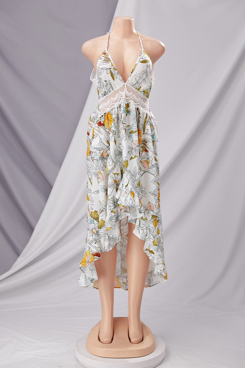 Summer New Plus Size Flower Batch Printing Inelastic Lace Deep V Neck Backless Lace-Up Irregular Sling Sexy Maxi Dress - Vougese