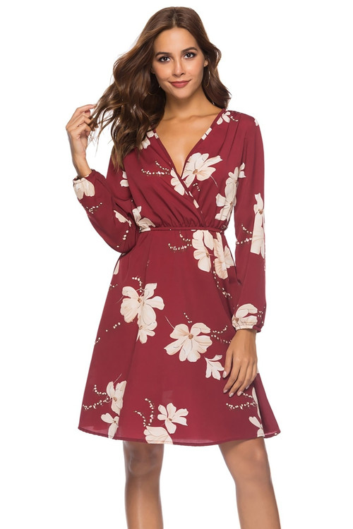 Summer New Plus Size Flower Batch Printing Inelastic V-Neck Shirring Long Sleeves Waist Stylish Casual Mini Dress - Vougese